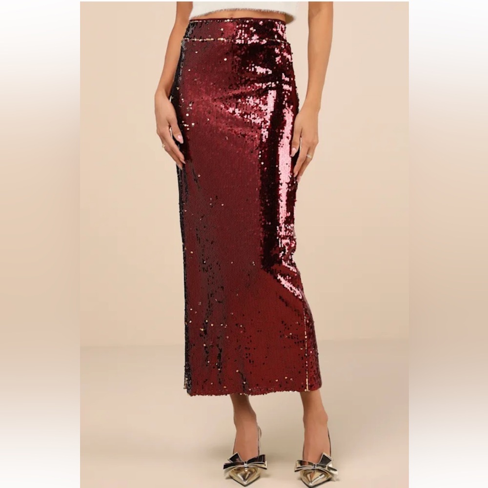 Dazzling Appearance Burgundy Sequin High-Rise Midi Skirt Lulus